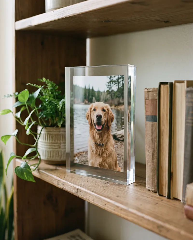 Bloc d'acrylique épais avec la photo d'un golden retriever qui semble flotter à l'intérieur