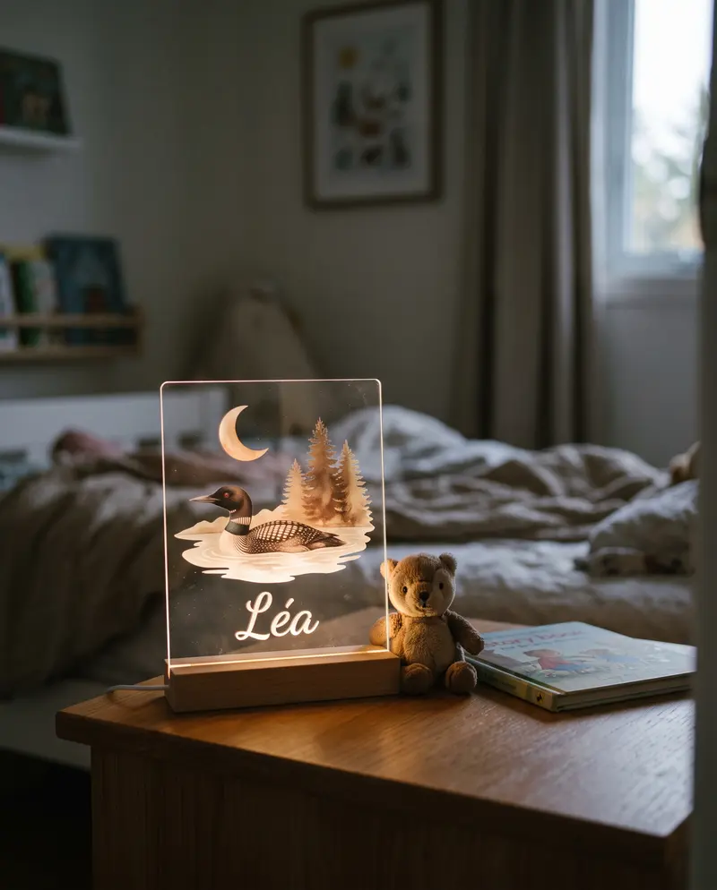 Veilleuse en acrylique sur socle lumineux, un huard sous la lune et le prénom Léa
