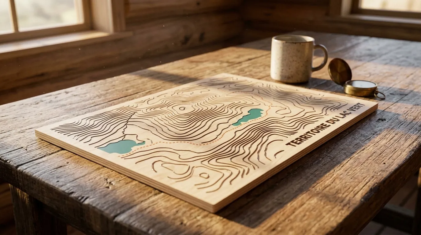 Carte topographique imprimée sur un panneau de bouleau plat&nbsp;: lignes de niveau en relief, lacs vert-bleu