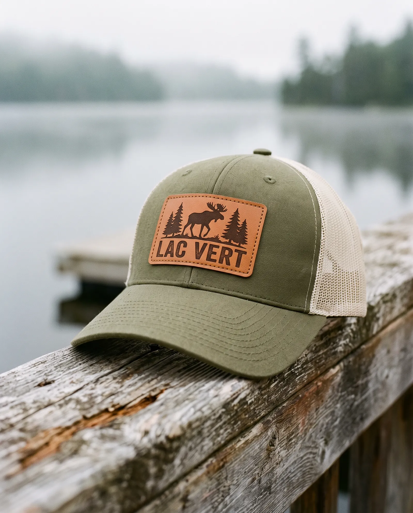 Casquette olive avec un écusson en similicuir imprimé d'un orignal et des mots LAC VERT