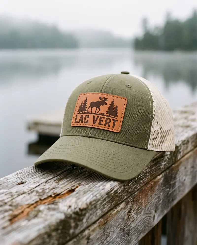 Casquette olive avec un écusson en similicuir imprimé d'un orignal et des mots LAC VERT
