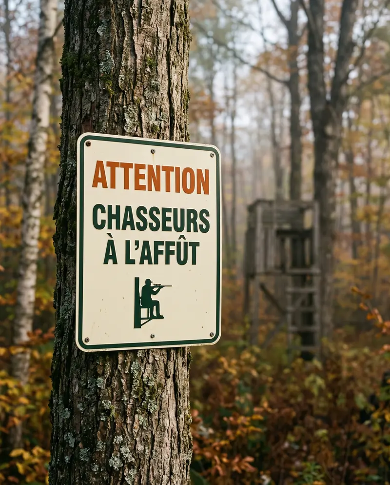 Pancarte « Attention, chasseurs à l'affût » vissée sur un érable, un mirador flou derrière