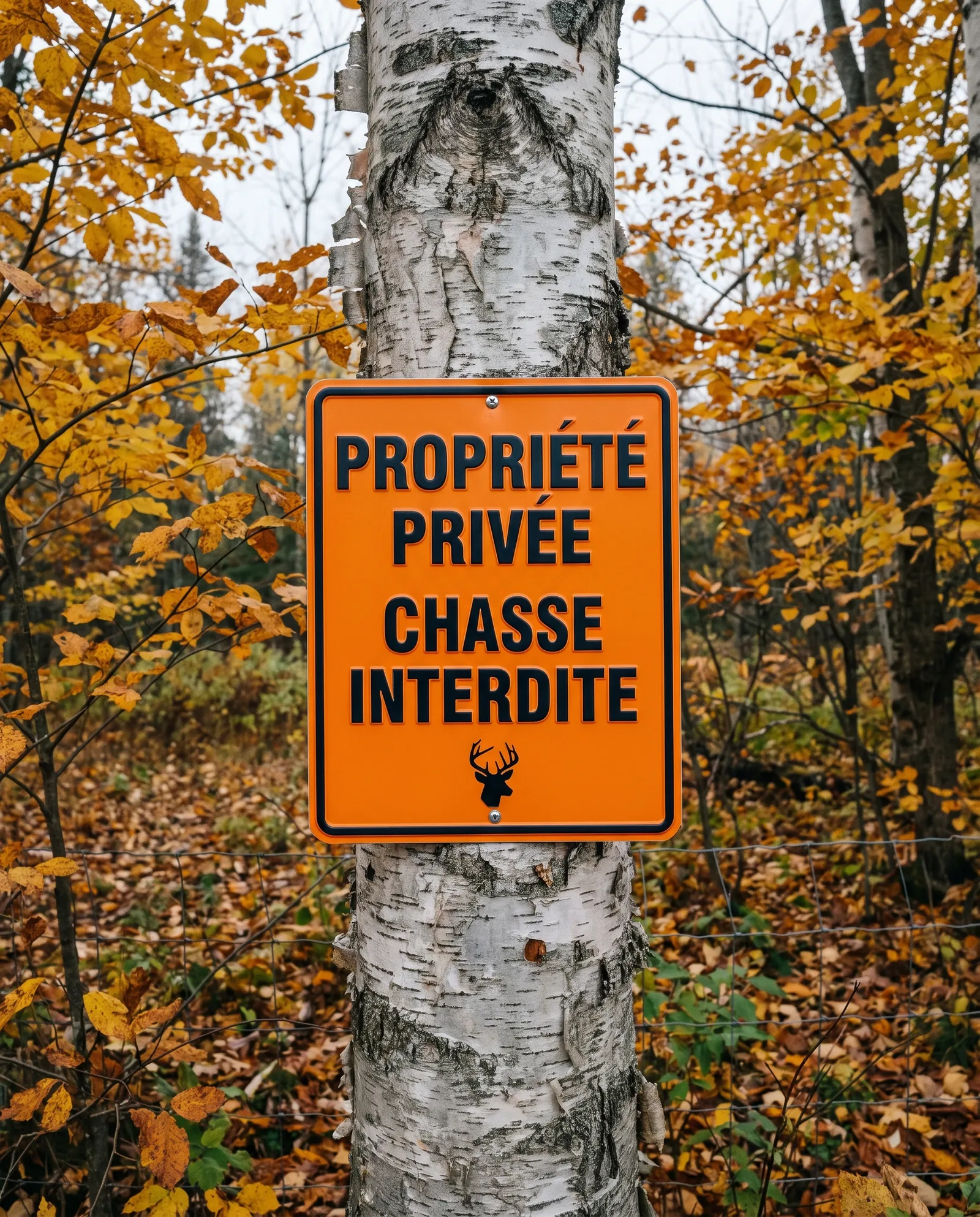 Pancarte orange «&nbsp;Propriété privée, chasse interdite&nbsp;» sur un bouleau