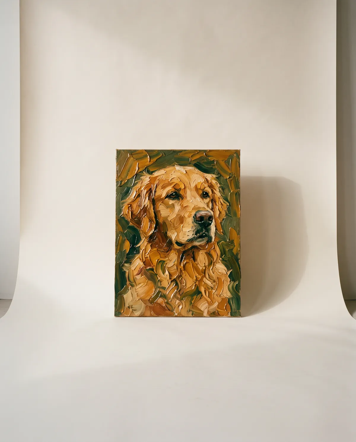 Portrait d'un golden retriever façon peinture à l'huile, coups de pinceau en relief