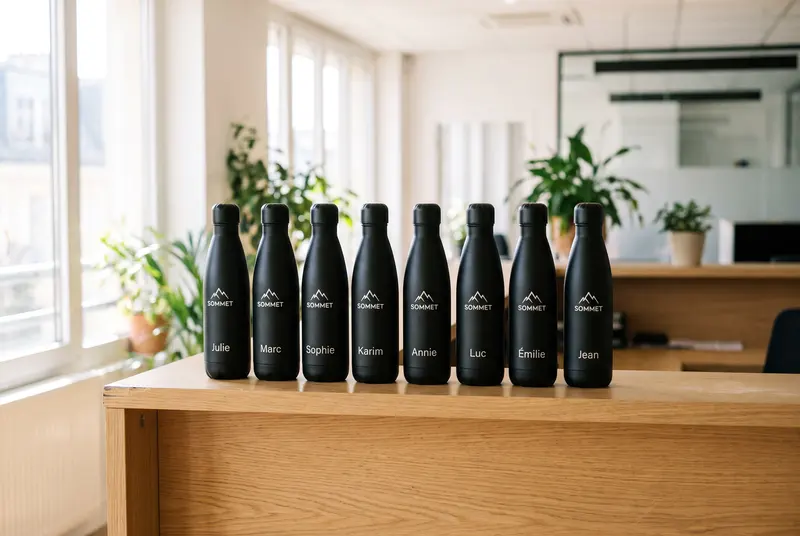 Huit bouteilles noires au même logo, chacune avec le prénom d'un employé