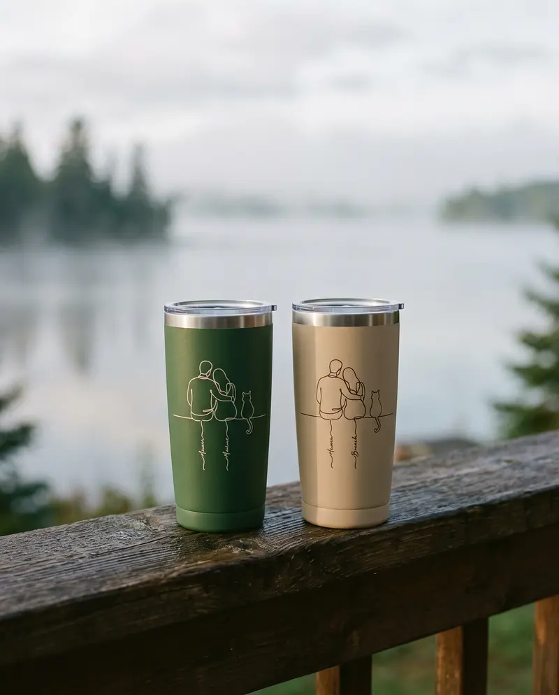 Deux gobelets isolés, vert et beige, imprimés d'un dessin personnalisé