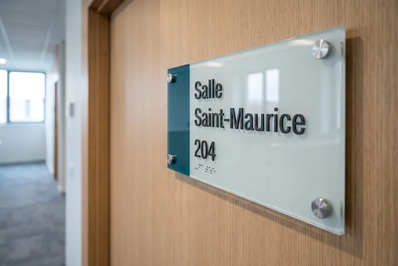 Plaque de porte en acrylique « Salle Saint-Maurice 204 », lettres en relief
