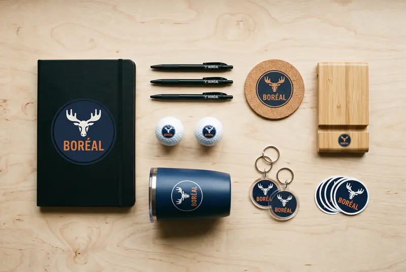 Carnet, stylos, balles de golf, sous-verre, support de téléphone, gobelet, porte-clés et autocollants, tous au même logo