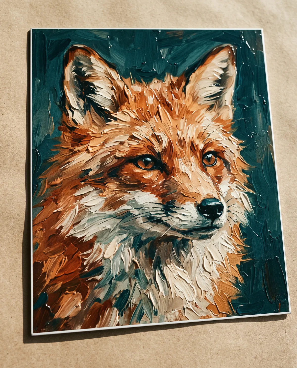 Le même renard en peinture à l'huile, avec des coups de pinceau en relief qui accrochent la lumière