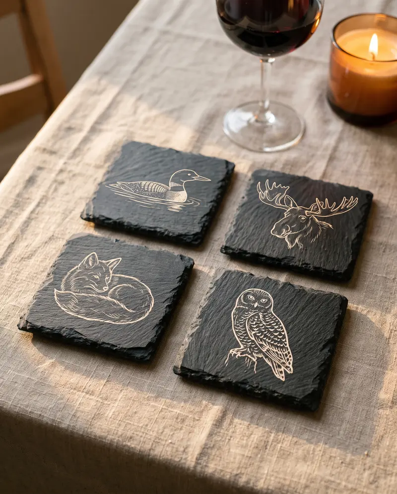 Quatre sous-verres en ardoise imprimés d'un huard, d'un orignal, d'un renard et d'un harfang