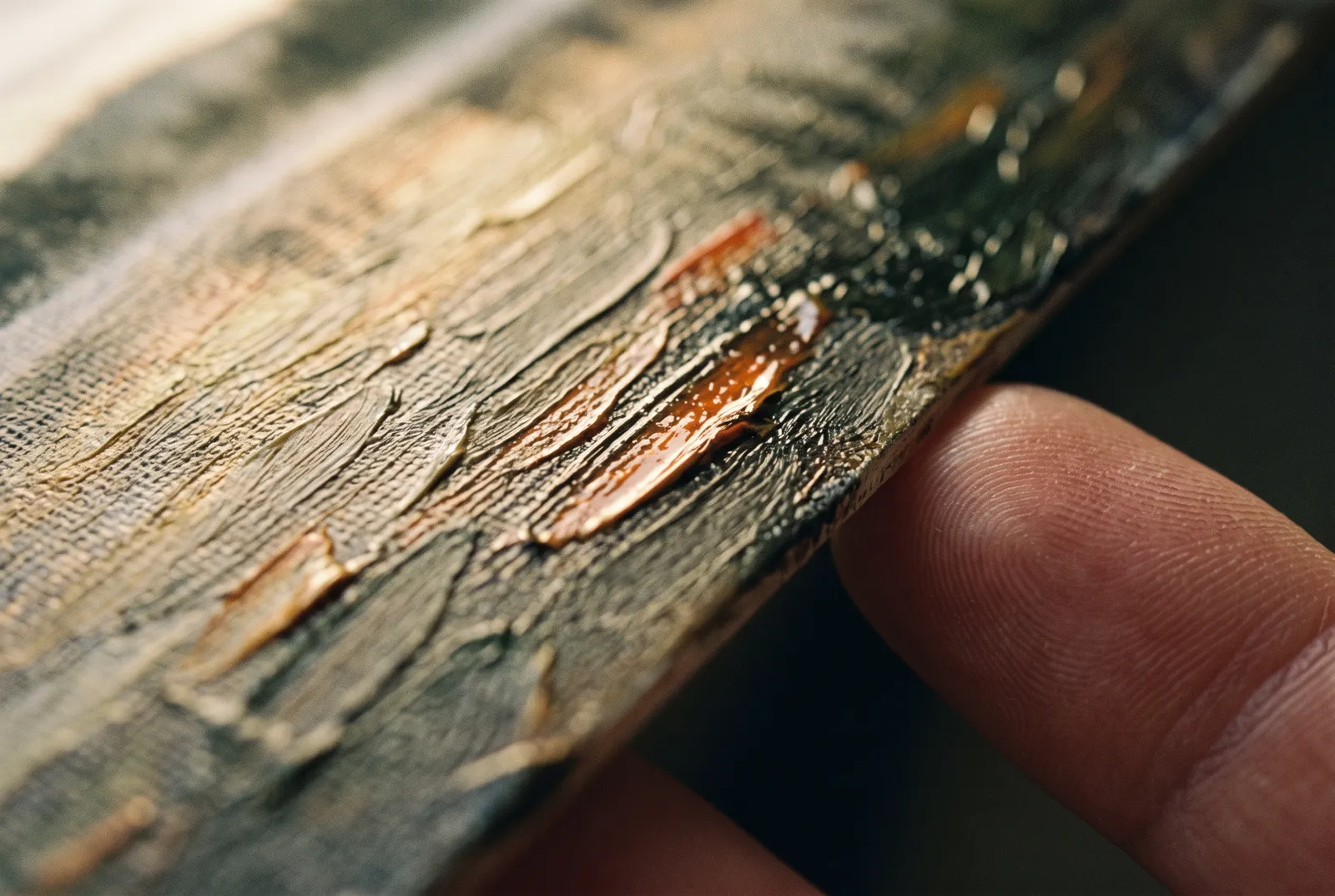 Gros plan d'un paysage imprimé avec une texture de coups de pinceau, touché du doigt