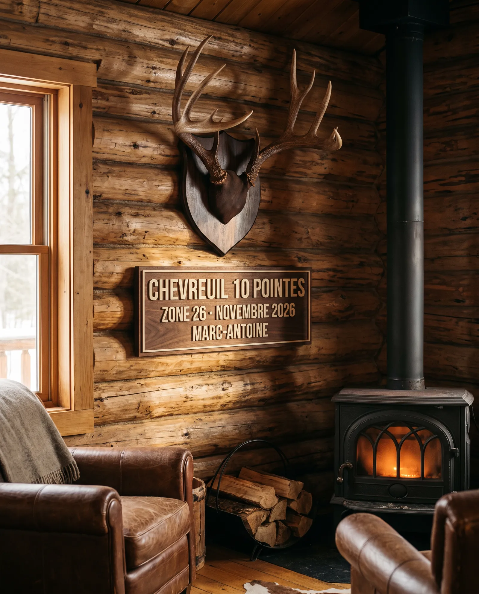 Plaque «&nbsp;Chevreuil 10 pointes&nbsp;» sous un panache, au mur d'un camp en bois rond
