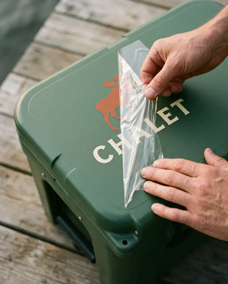 On retire le film transparent d'un transfert posé sur une glacière verte : il ne reste que l'orignal et le mot CHALET