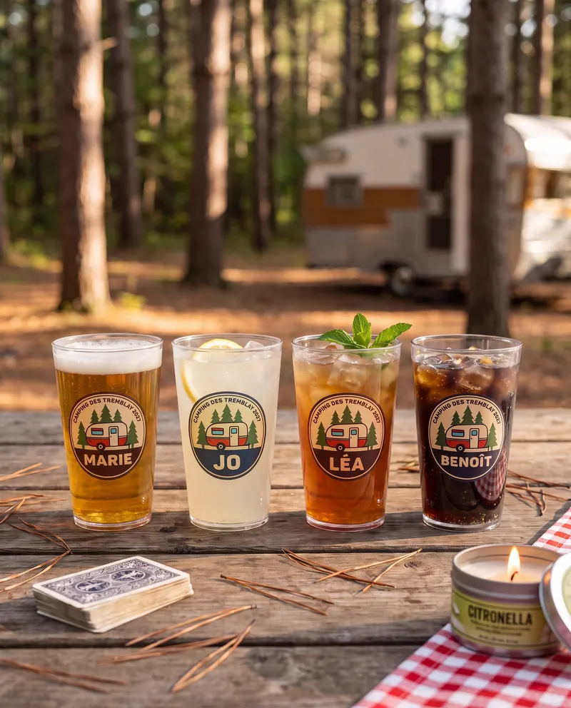 Quatre verres imprimés au nom de chaque membre d'une famille, sur une table de camping en forêt