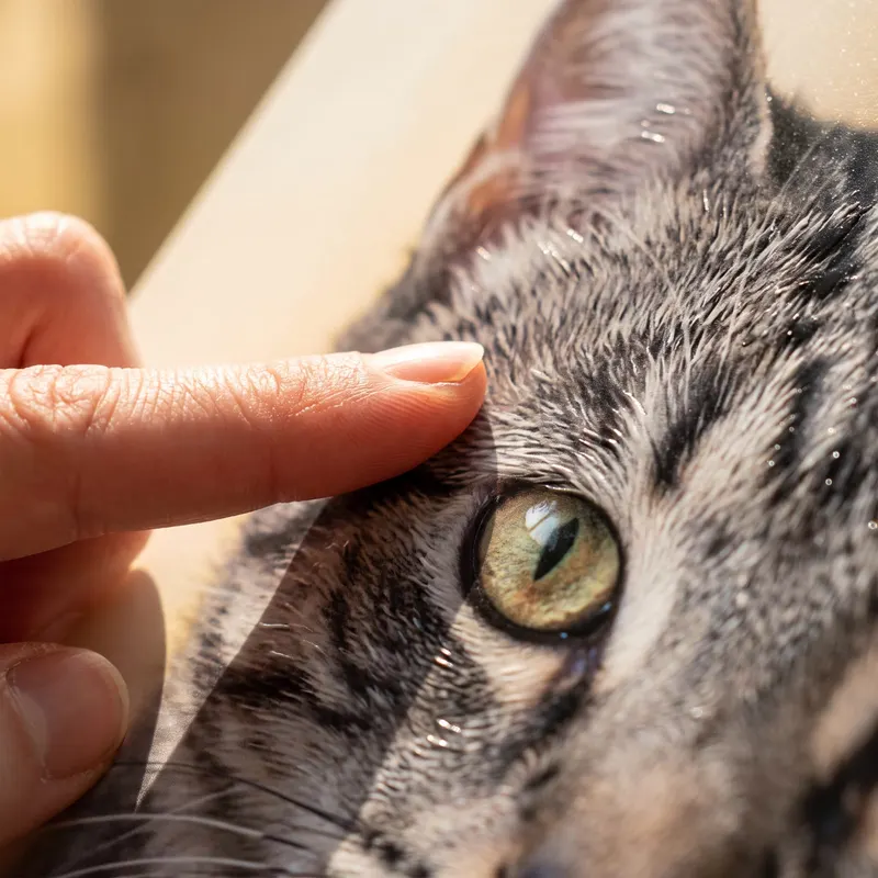 Un doigt touche le relief d'un portrait de chat imprimé